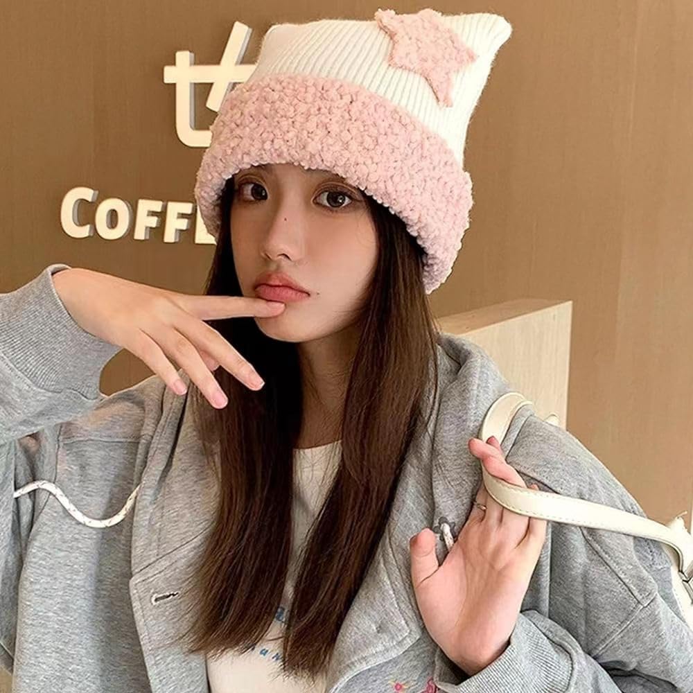 Cat Beanie Y2k Beanie Star Patch Crochet Knitted Hat Grunge